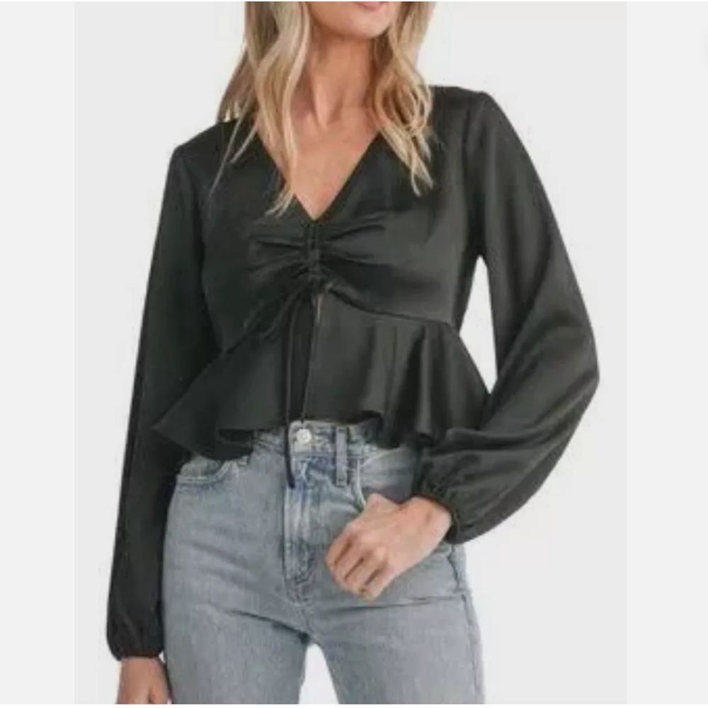 NWOT All In Favor Tie Front Satin Peplum Top Black Womens Size S Formal Evening